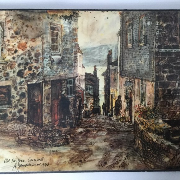 Old vintage wood wall plaque lithography print of Old St Ives Cornwall - Picture 2 of 4